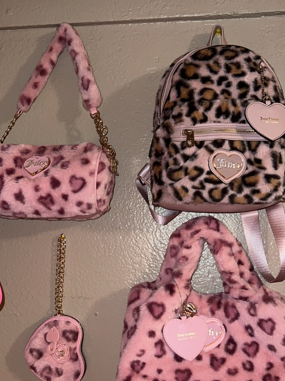 Juicy Couture Pink Faux Fur Leopard Print Bag Set